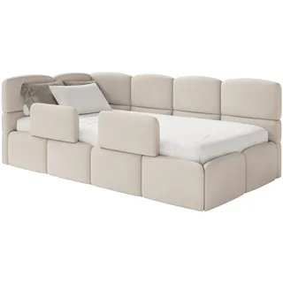 Selsey Jugendbett 120x200cm Creme Chenille Stoff mit Matratze und Lattenrost, Polsterbett mit Stauraum und Bettkasten, Kinderbett mit 2 Schutzbarrieren, Jugendbett linksseitig
