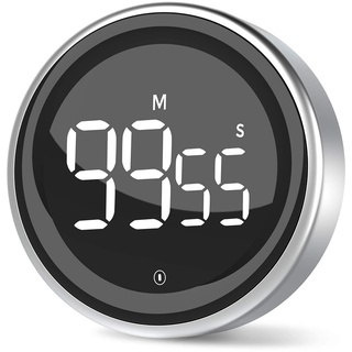 LIORQUE Digitaler Küchentimer Magnetisch Timer digital Eieruhr Kurzzeitwecker mit Rahmen aus Metall Großem LED-Bildschirm 3-stufiger Lautstärke zum Kochen Sport Studium inkl. Batterie (Silber)