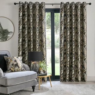 Laurence Llewelyn-Bowen Schwarze Tropische Palmenvorhänge, B90 x L90 (229 x 229 cm), Jacquard-Vorhänge mit Blumenblatt/Farn – Luxus-Vorhänge für Wohnzimmer & Schlafzimmer – Paradise Palme Kollektion