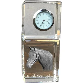 Dänisches Warmblut - Kristalluhr mit Bild, Pferdebild im Kristall, personalisierte Schreibtischuhr der Marke Art-Dog - Transparent