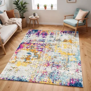 livabliss Moroni Wohnzimmer modern – Abstrakt Design in Marmor Optik für Wohnzimmer 160x220 cm, Esszimmer, Schlafzimmer – Marmor Look, weicher Kurzflor in Weiß, Safran, Rosa, Blau