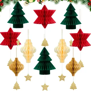 Syoulin-Weihnachtsdeko innen,weihnachtsdeko hängend,Tischdeko Weihnachten,papiersterne Weihnachten,3D Waben Weihnachtsschmuck,Neuartig und wiederverwendbar weihnachtsdeko papier-10Stück