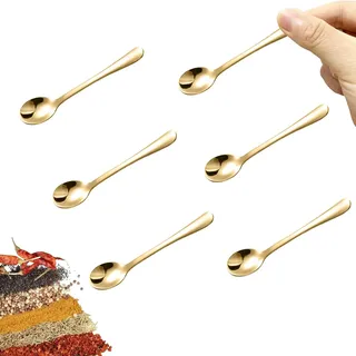 LunarCharm 6 Stück kleine Edelstahllöffel für Gewürzgläser, Minigröße, Gewürzlöffel aus Edelstahl für Gewürze, Salz, Zucker, lustige kleine Schaufeln, Gold