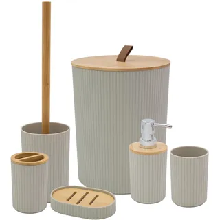 Anika Badezimmer Zubehör Set/Modernes Badezimmer Essentials Set/Inklusive Zahnbürstenhalter, Abfalleimer, Toilettenbürste, Tasse, Seifenschale und Seifenspender (Stein)