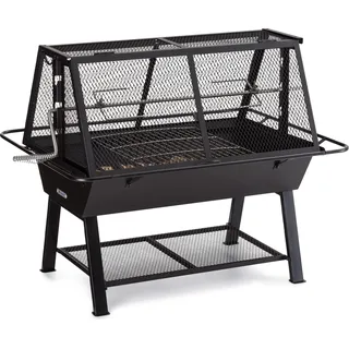 Blumfeldt 2-in-1 Rotisserie Grill, Manueller Grill mit Drehspieß, Großer Spießgrill für Hähnchen & Spanferkel, Grill mit Funkenschutz, Spieß Grill mit Edelstahl-Rost & Regenabdeckung, Holzkohlegrill - Schwarz