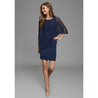Abendkleid LAURA SCOTT "mit Chiffon", Damen, Gr. 42, N-Gr, blau (navy), Milano Rib;Chiffon, Obermaterial: 70% Viskose, 25% Polyester, 5% Elasthan. Bluseneinsatz: 100% Polyester, figurbetont kniefrei, Rundhals, Kleider Abendkleid, in unifarbener Optik, aus Materialmix mit Milano Rib, Topseller