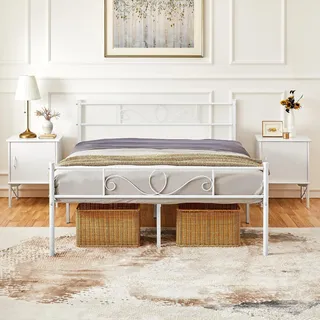 Yaheetech Bettrahmen 160 x 200 cm Metallbett mit Lattenrost Doppelbett Gästebett Jugendbett mit Kopfteil für Schlafzimmer Gästezimmer Weiß