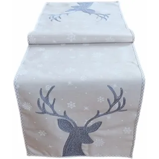 Tischläufer 40 x 140 cm hellgrau grau weiß eisblau Stickerei Hirsch Weihnachten Weihnachtsdeko Weihnachtstischdecke Mitteldecke Tischdeko Tischdecke