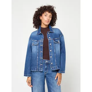Jeansjacke GANG "94ZORA JACKET", Damen, Gr. XS, blau (rough midblau), Denim/Jeans, Obermaterial: 100% Baumwolle, Destroyed-Effekte, oversize hüftbedeckend, abgesteppte Kante, Jacken Jeansjacke, im Oversize Fit, Destroyed-Effekte