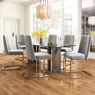 Flieks Freischwinger 6er Set, Esszimmerstühle mit Golden Metallbeinen, Schwingstuhl Polsterstühle mit Samtbezug, Küchenstühle Wohnzimmerstühle, Beige - Grau