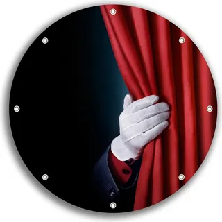 Wallario rundes Outdoor-Poster für Garten oder Balkon, Motiv Vorhang auf für die Show Hand hinterm roten Vorhang, 30 cm Durchmesser - Schwarz