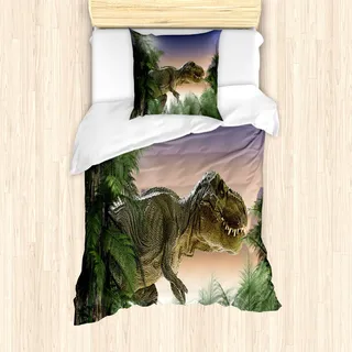 ABAKUHAUS Jurassic Mantele, Dinosaurier im Dschungel, Milbensicher Allergiker geeignet mit Kissenbezügen, 135 cm x 200 cm - 80 x 80 cm, Grün Blau Pfirsich - Grün