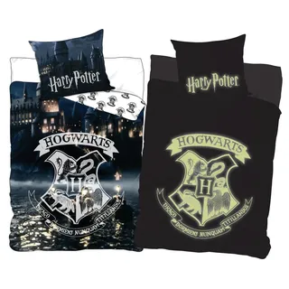 HARRY POTTER Wendebettwäsche Hogwarts, Glow in The Dark, 2-teilig, 135 x 200 cm, 80 x 80 cm, 100% Baumwolle
