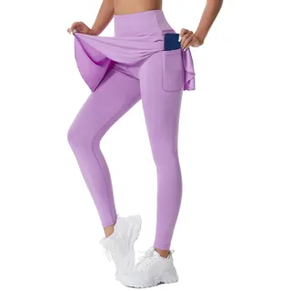 Tennisrock Damen Sporthose Laufhose mit Rock Yogahose Hosenrock high Waist Push Up Sport Leggings Lang Sportrock mit Hose Innentasche