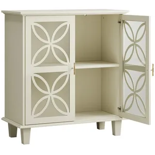 Beaok Sideboard mit 2 Türen in Creme – Retro-Design mit Glas-Elementen , Holzwerkstoff , 80x87x38 cm , Kleinmöbel, Kommoden, Sideboards