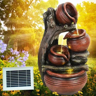 Solar Gartenbrunnen, Brunnen, Solarbrunnen Zierbrunnen Wasserfall Gartenleuchte Teichpumpe für Terrasse, Balkon mit Akku