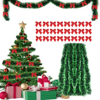 Tannengirlande 10m + 24pcs Weihnachtsschleifen Rot, Weihnachtsgirlande