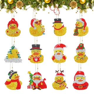 12 Stück Weihnachten 5D Diamond Painting Anhänger,Weihnachten Ente DIY Diamant Malerei Schlüsselanhänger Kits für Kinder Erwachsene,Schlüsselbund Strass Malerei Stickerei Kunst Ornamente Dekoration