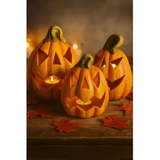 3er Set Halloween Kürbisse aus Terrakotta – Handbemalte Kürbis Deko mit Gesichtern – Herbstdeko für innen & außen, Tischdeko & Gartendeko für Herbst & Halloween