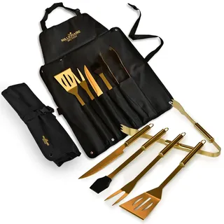 MikaMax Millionaire BBQ Tools, 5-teiliges BBQ Grill Werkzeug Set mit Faltbarer Schürze, Grillgabel, Spatel, Grillbürste, Messer, Zange, Ideal für Camping, Küche und Partys