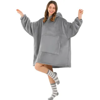 Good Nite Decke mit Ärmeln – Übergroße Sherpa kuscheldecke für Frauen und Männer, Tragbare Warm Decken mit Taschen, Adult Cosy Sweater Hoodie Grau
