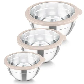 TEAMFAR Rührschüssel Set, 3 Stück Edelstahl Schüssel mit Transparenter Luftdichtem Deckel, Stapelbar Schüsselset, 4,5L/3L/1,5L, Salatschüssel zum Servieren/Kochen/Backen, Spülmaschinenfest - Khaki