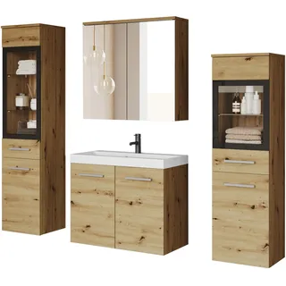 Badmöbel-Set WELLTIME "MADRIT II, Schrank mit Waschbecken, 2 Hänger, Spiegelschrank", braun (eiche artisan), B:120,4cm H:131,5cm T:34,5cm, Holzwerkstoff, Kastenmöbel-Sets, Badmöbel-Set, Hängende Badmöbel mit Glaseinsätzen – in vielen Farben erhältlich