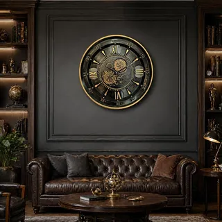 Wanduhr Schwarz Gold Zahnräder Mechanismus Vintage Stil Dekor Uhr - Schwarz