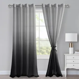 XWZO Voile Gardinen mit Ösen Vorhänge Farbverlauf Vorhang Sheer Ombre Gardinen 2 er Set für Schlafzimmer und Wohnzimmer Schlaufengardinen mit Raffhalter H245xB140cm Schwarz