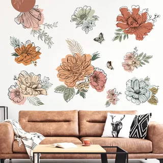 decalmile Wandtattoo Blumen Boho Vintage Groß Wandaufkleber Retro Blumen Blätter Wandsticker Schlafzimmer Wohnzimmer Sofa Hintergrund Wanddeko