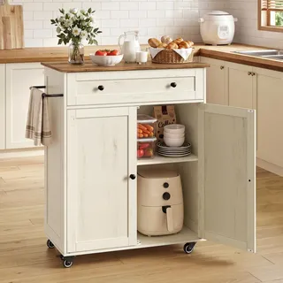 VASAGLE Siren Kollektion - Küchenschrank, Kücheninsel, Küchenwagen mit Arbeitsplatte, Rollen, Rollwagen Küche, Schublade, Landhausstil, verstellbare Ablage, wolkenweiß-honigbraun KKI009WJ01
