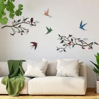 Pduoduo Wanddekoration mit Vögeln aus Metall, Bunt | Vogel auf Zweig, Hängende Blätter, Für Innen und Außen, Für Haus und Garten