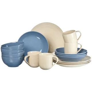 Ritzenhoff & Breker Levi Kombiservice 16-teilig, Teller Schalen und Becher für 4 Personen, Skandinavisches Design mit feinem Rillenrelief, Mix & Match Geschirr, Porzellan, Beige-Blau