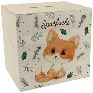 Babyfuchs Spardose aus Holz mit Spruch Sparfuchs EIN niedliches Sparschwein für den Schreibtisch Fuchs Kinder niedliche Natur Sparbüchse Waldtiere Aquarell Kinderzimmer Winter