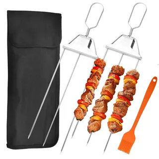 Jogoico Grillspieße Edelstahl 2 Stück 3 Wege Grillspieße Schaschlikspieße Edelstahl Halbautomatische Grillgabel aus Edelstahl Grillgabel Wiederverwendbar BBQ Spieße für Fleisch Gemüße