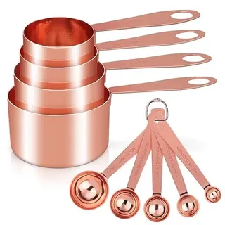 Cuteefun Messbecher und Messlöffel, 8 Stück, Edelstahlgriff mit Metrischen Und Us-Maßen, Goldene Polierte Oberfläche, Cup Messbecher für Trockene und FlüSsige Zutaten, Zum Backen und Kochen (Roségold)