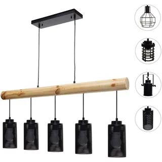 Pendelleuchte HWC-H83, Hängelampe Hängeleuchte, Industrial Vintage Massiv-Holz Metall schwarz ~ 5 Ro