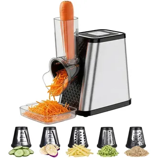 Gemüseschneider Elektrisch 5-in-1 Gemüsehobel mit 5 Schneidetrommeln | Elektrische Käsereibe, Reibe für Obst und Gemüse, Multireibe, Allesschneider für Käse, Gurken, Karotten, Nüsse