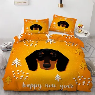 Bettwäsche-Set Dackel 200x200 cm 3-teilig Mikrofaser Wendebettwäsche mit Reißverschluss 3D Motiv