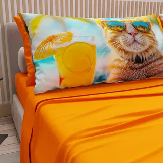 PETTI Artigiani Italiani - Bettwäsche Tiere mit Katzen aus Baumwolle mit Kissenbezügen mit Digitaldruck, Bettlaken für Einzelbett, Orange 100% Made in Italy