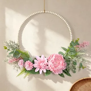 Weldomcor Türkranz Sommer, Kunstblumen Eukalyptus Trockenblumenkranz, Türkranz Ganzjährig Fensterdeko Hängend Holzperlen Metallring Haustür Kranz für Innen Wand Wohnzimmer Hochzeit Frühlingsdeko, Rosa