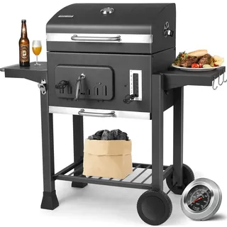 TLSUNNY Holzkohlegrill XXL, Grillwagen Holzkohle mit Deckel für Garten | Groß Kohlegrill mit 2PCS Räder, Thermometer, BBQ Smoker Grill mit Ablage, Holzkohlegrills für Camping und Garten, Grau