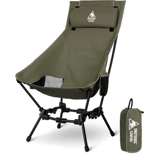 OneTigris DRAGONHIDE Campingstuhl Hochlehner faltbar 125 kg, Klappstuhl Camping leicht, Angelstuhl klappbar mit 2 Seitentaschen, Faltstuhl Ultraleicht für Outdoor, Wandern(Ranger Grün)