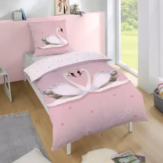 Schwan Bettwäsche Set 2-teilig 135x200 80x80 cm - Partner Bettwäsche aus 100% Baumwolle mit Reißverschluss - Pastell, Rosa, - Rosa, Weiß