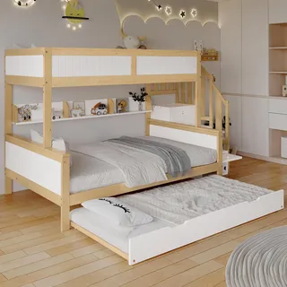 STILVORA Etagenbett 90/120x200cm mit Rollbett 90x190, Kinderbett mit Fallschutz und Gitter, Entworfen mit drei Bettpositionen, mit Kleiderschrank Ecktreppe - Weiß
