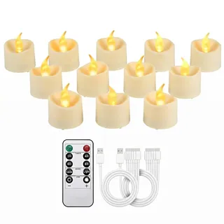 cimetech 12er Led Teelichter Wiederaufladbar mit Timer Fernbedienung LED Kerzen Aufladbar Flackernd mit 2 x 6-Port USB-C Kabel für Zuhause, Zimmer, Tisch, Halloween Weihnachtsdeko