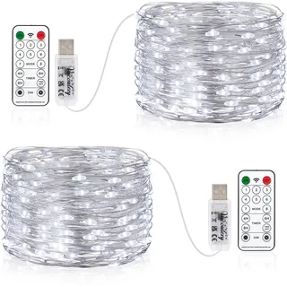 2 x 100LEDs Lichterkette USB, 10M USB-Anschluss mit Fernbedienung 8 Programm Timer Kupferdraht Lichterkette Innen für Zimmer, Party, Hochzeit, Weihnachten