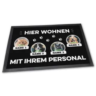 PfotenSchild Fußmatte mit Vier Katzen - Hier Wohnen - Personalisiert mit WUNSCHFOTOS und Wunschnamen Katzenbesitzer - 75 x 50 cm