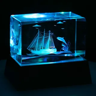 Kaltner Präsente Stimmungslicht - Das perfekte Geschenk: LED Kerze/Kristall Glasblock / 3D-Laser-Gravur/Kreuzfahrt/Maritime Deko/Segelreise/Segelschiff/Reise ans Meer/Delfine