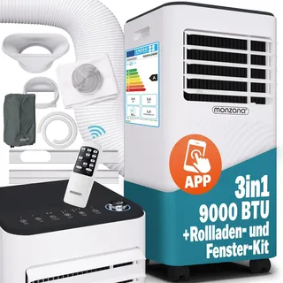 MONZANA® lokale Klimaanlage MZKA2600 WIFI App Mobil Fensterabdichtung Abluftschlauch 9000BTU 4in1 1000W 30qm Fernbedienung Luftentfeuchter Klimagerät - Grau